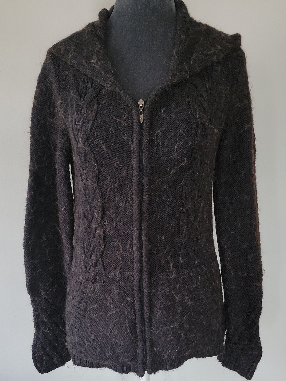 BCBGMaxAzria Charcoal Hooded Cable Knit Zip Jacket